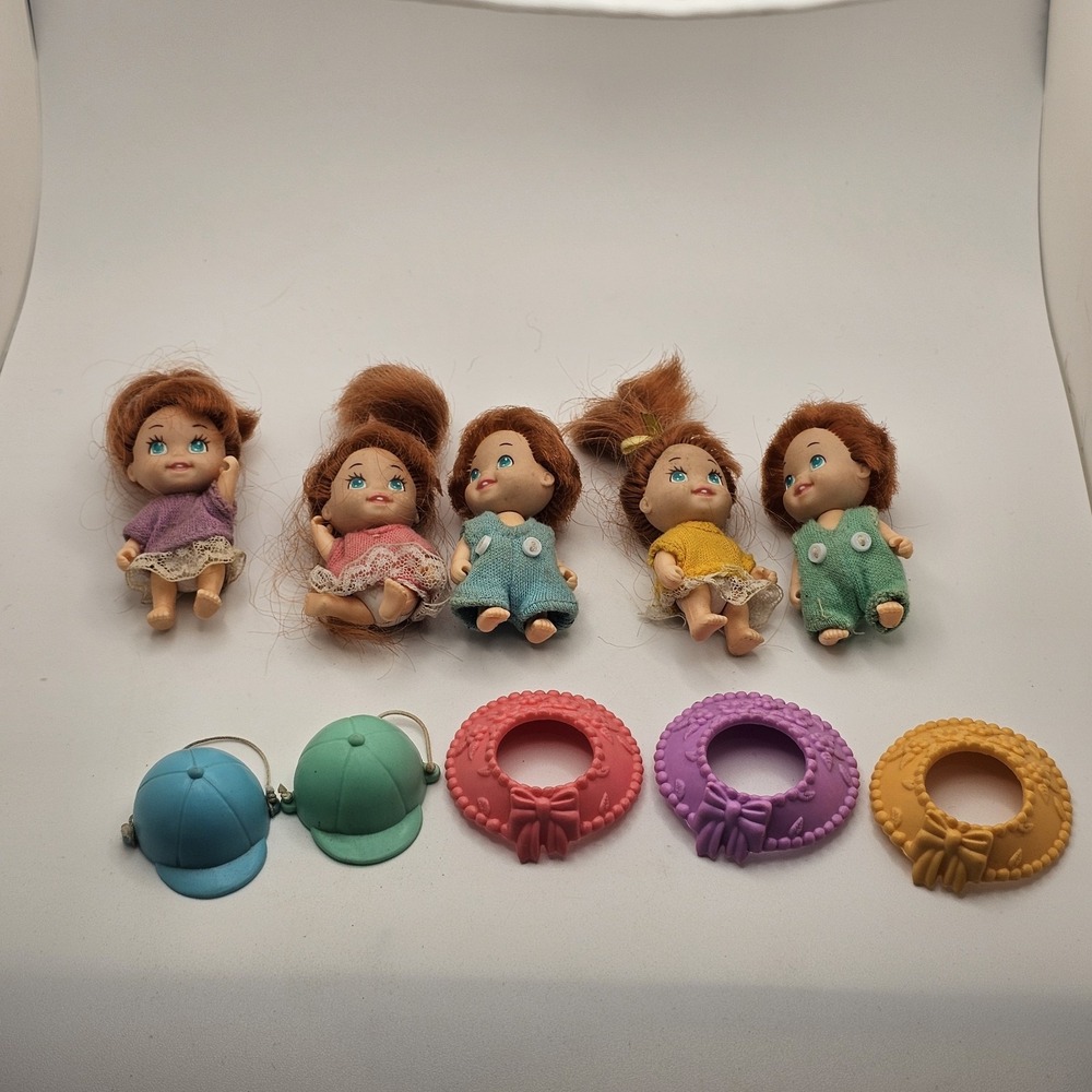 5 Vintage 1990 Tyco Mini Red Head Quint Baby Dolls Hair Blue Eye With Accessory